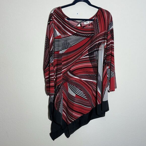 Cato Blouse Womens 26/28W Red Geometric Asymmetrical-Hem Tunic Stretch Knit - Picture 1 of 7